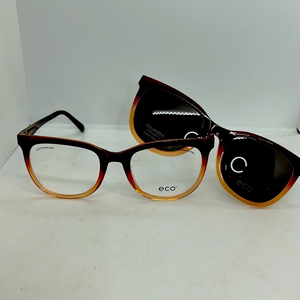 ECO Senna WGDT Eyeglasses Frames & Polarized Sun Clip On. NWT